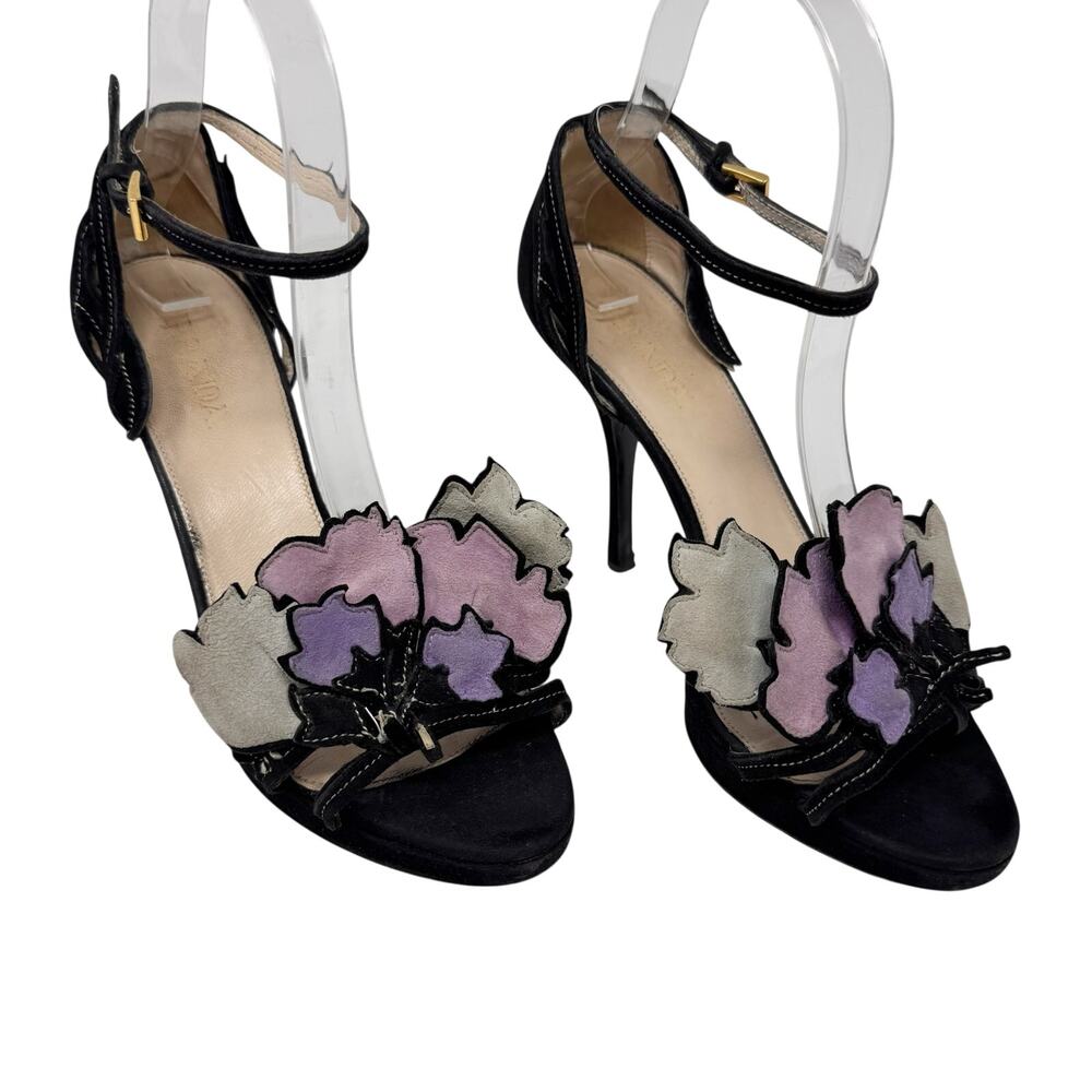 Prada Fairy Collection Suede Flower Sandals Black Purple Size 37